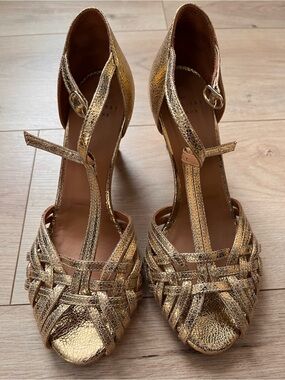 Sezane Gold Metallic Woven T-Strap Heels